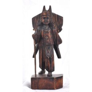 Hand Carved Asian Wood Figurine w/ Staff Peasant Backpack Korea Tibet 8"